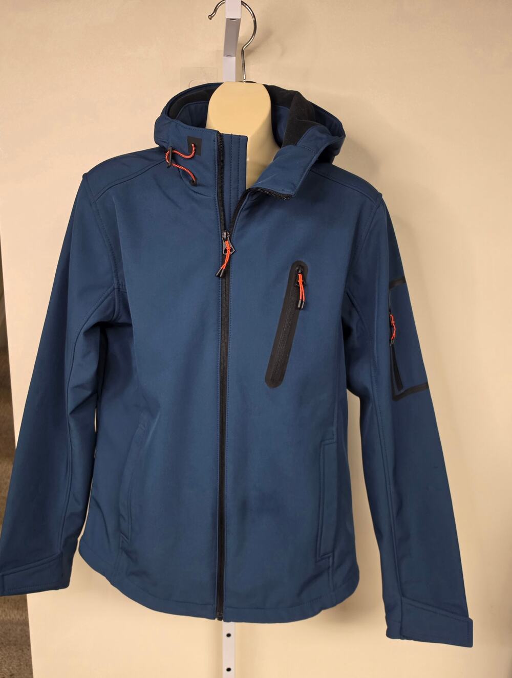 Mavi Mens M Blue Hooded Softshell Jacket Fleece Lined Orange Zip Pockets